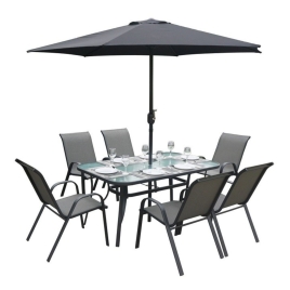 Set masă dreptunghiulară cu 6 scaune + umbrelă, metal / textilen, Negru