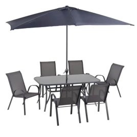 Set masă dreptunghiulară cu 6 scaune + umbrelă, metal / textilen, Gri