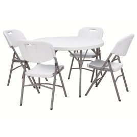 Set pliabil stil Camping, masă rotundă 110 cm și 4 scaune, Alb