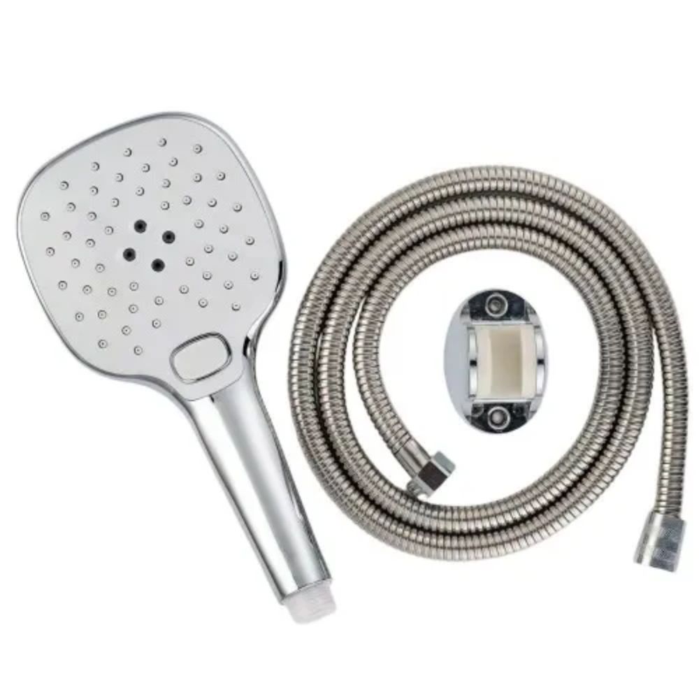 Set pară duș 3 funcții și furtun inox 1,5m, Aquafix - 03, cromat / alb