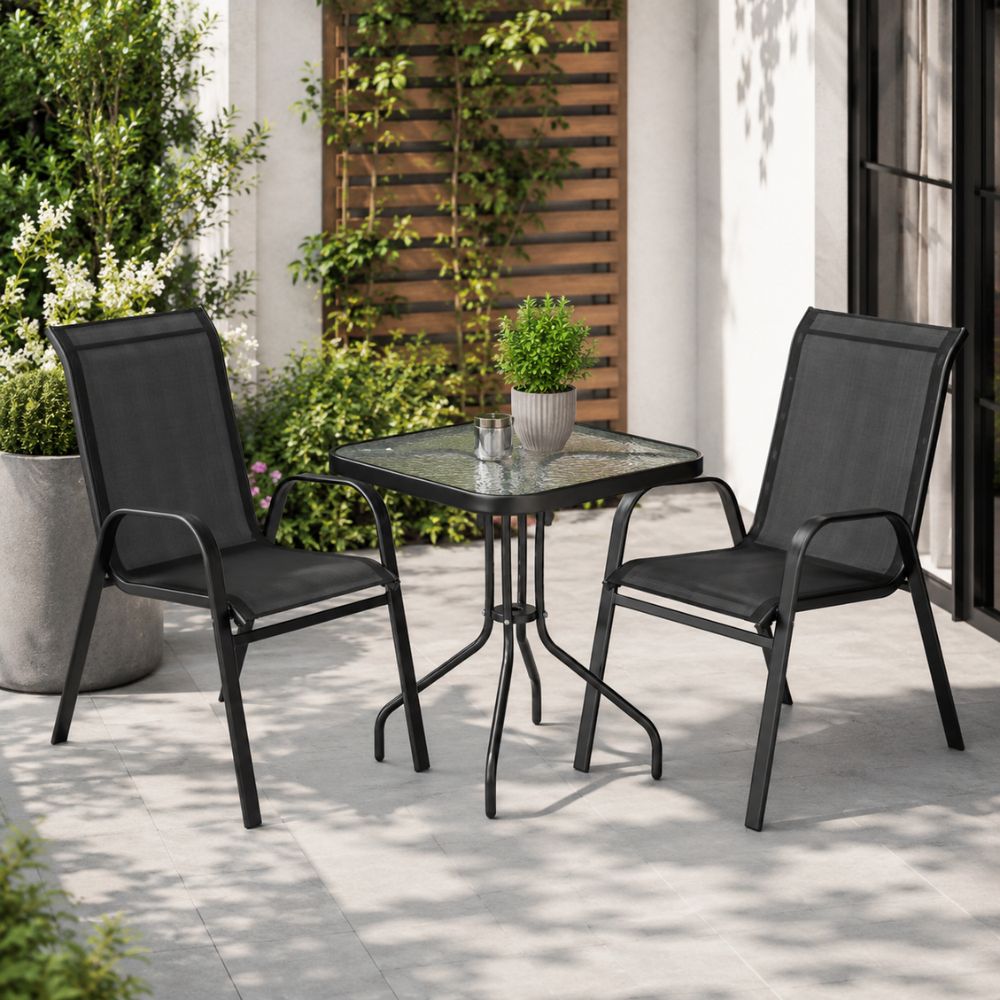 Set grădină 2 persoane: masă pătrată din sticlă + 2 scaune metal/textilen, negru
