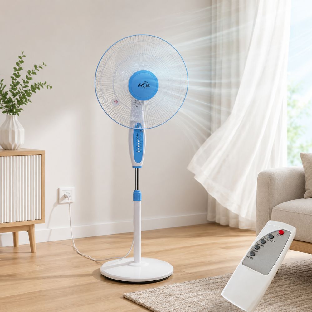 Ventilator pe picior, cu telecomanda, 40 cm, 3 viteze, 3 lame, 50W